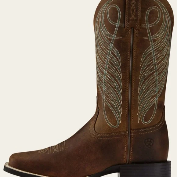 Ariat Brown Leather Round Up Western Wide Square Toe 11” Pull On Boots - Picture 5 of 10